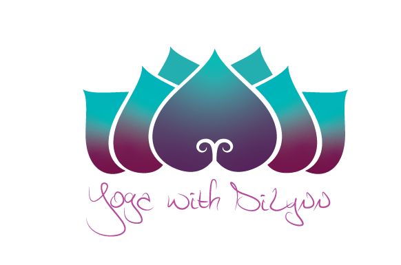 the logo is a lotus that is gradiated from purple at the bottom to teal at the tips of the top, the center is heart shaped. Yoga with DiLynn in Di's handwriting