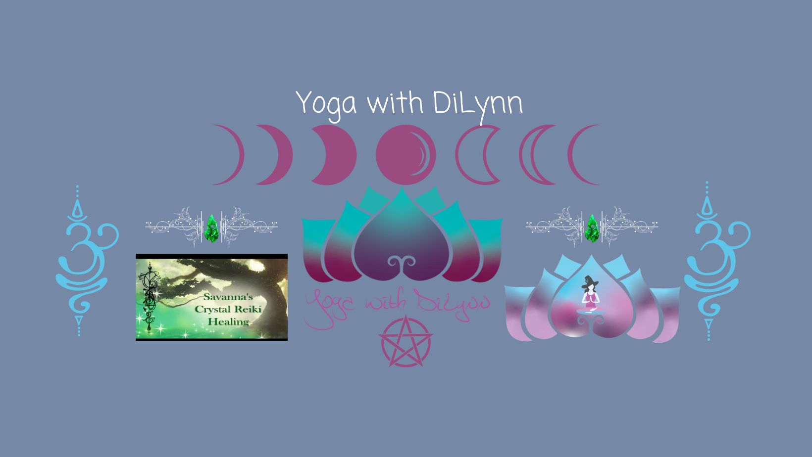 Banner for the Yoga with DiLynn Facebook group. On the left side is the logo for Savanna's Crystal Reiki Healing and the right is Di the Yoga Witch.